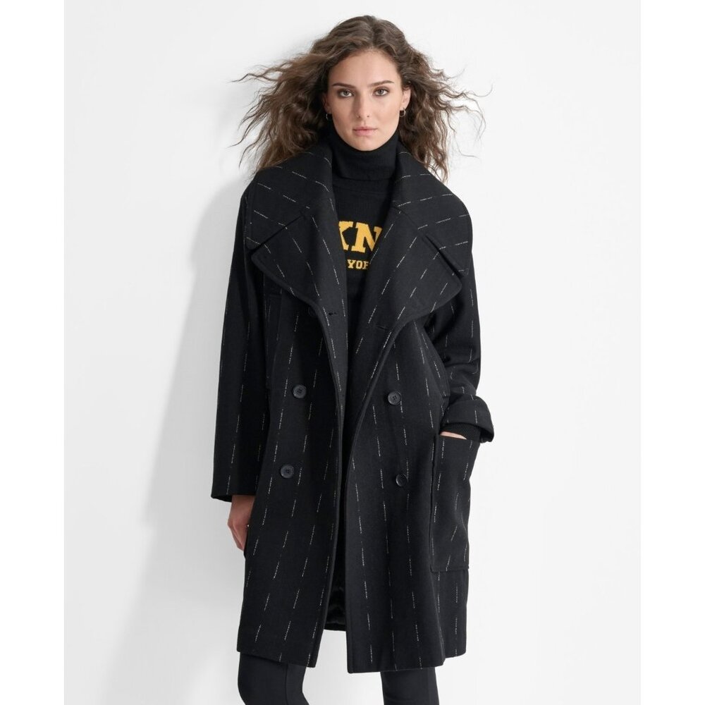 DKNY Women's Broken-Stripe Long-Sleeve Oversized Coat Black Size XS/S MSRP $349